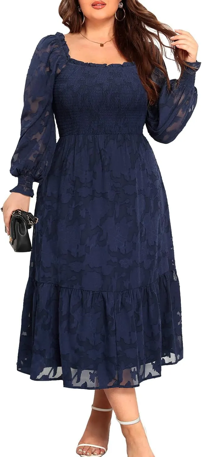 Women's 2024 Plus Size Fall Dress Long Sleeve Smocked Square Neck Floral Lace Aline Flowy Midi Dress
