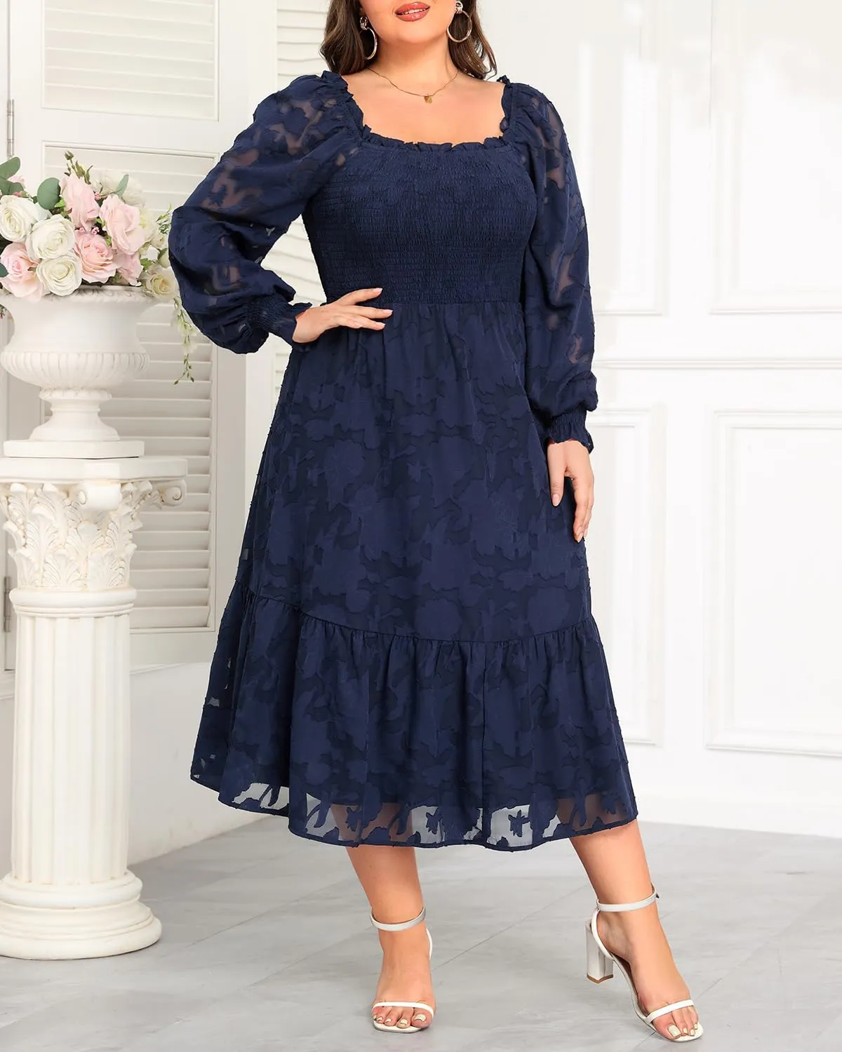 Women's 2024 Plus Size Fall Dress Long Sleeve Smocked Square Neck Floral Lace Aline Flowy Midi Dress