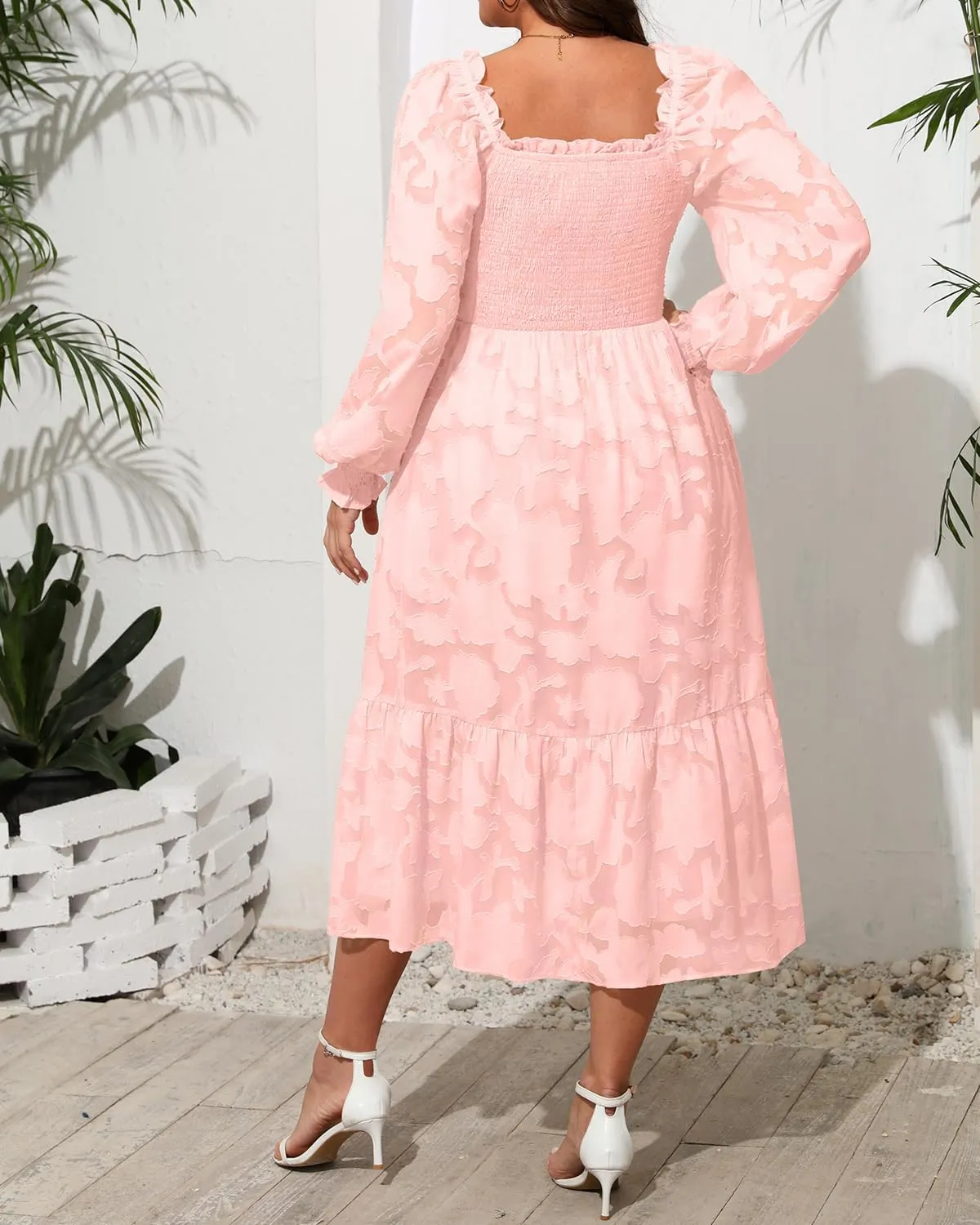 Women's 2024 Plus Size Fall Dress Long Sleeve Smocked Square Neck Floral Lace Aline Flowy Midi Dress