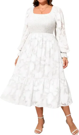 Women's 2024 Plus Size Fall Dress Long Sleeve Smocked Square Neck Floral Lace Aline Flowy Midi Dress