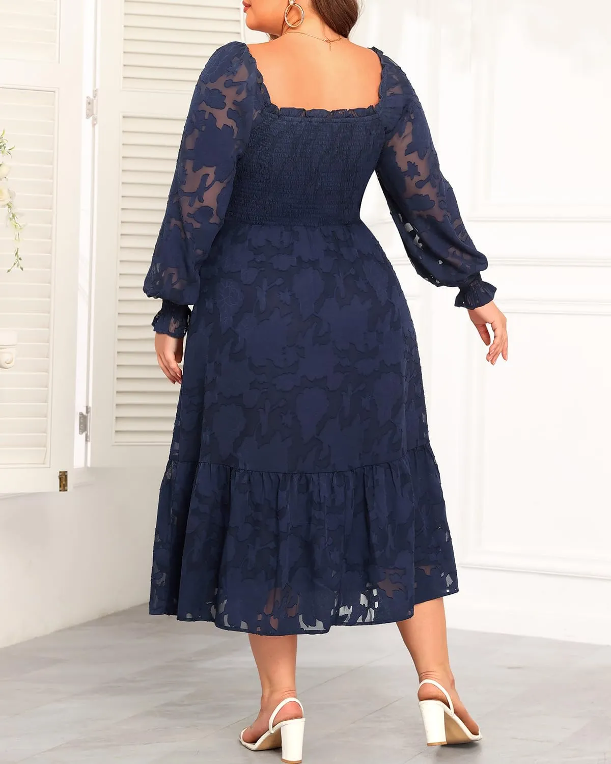 Women's 2024 Plus Size Fall Dress Long Sleeve Smocked Square Neck Floral Lace Aline Flowy Midi Dress