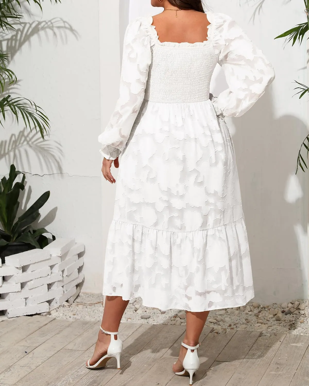Women's 2024 Plus Size Fall Dress Long Sleeve Smocked Square Neck Floral Lace Aline Flowy Midi Dress