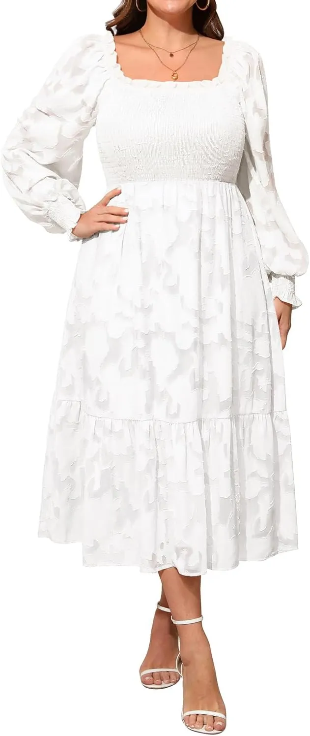 Women's 2024 Plus Size Fall Dress Long Sleeve Smocked Square Neck Floral Lace Aline Flowy Midi Dress