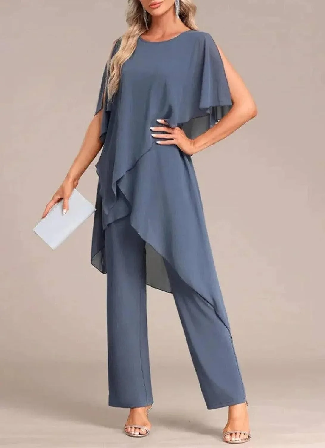 Women's 2025 Summer 2 Piece Set Casual Loose Blue Round Neck Top Wide Leg Pants Flowy Business Travel Outfits