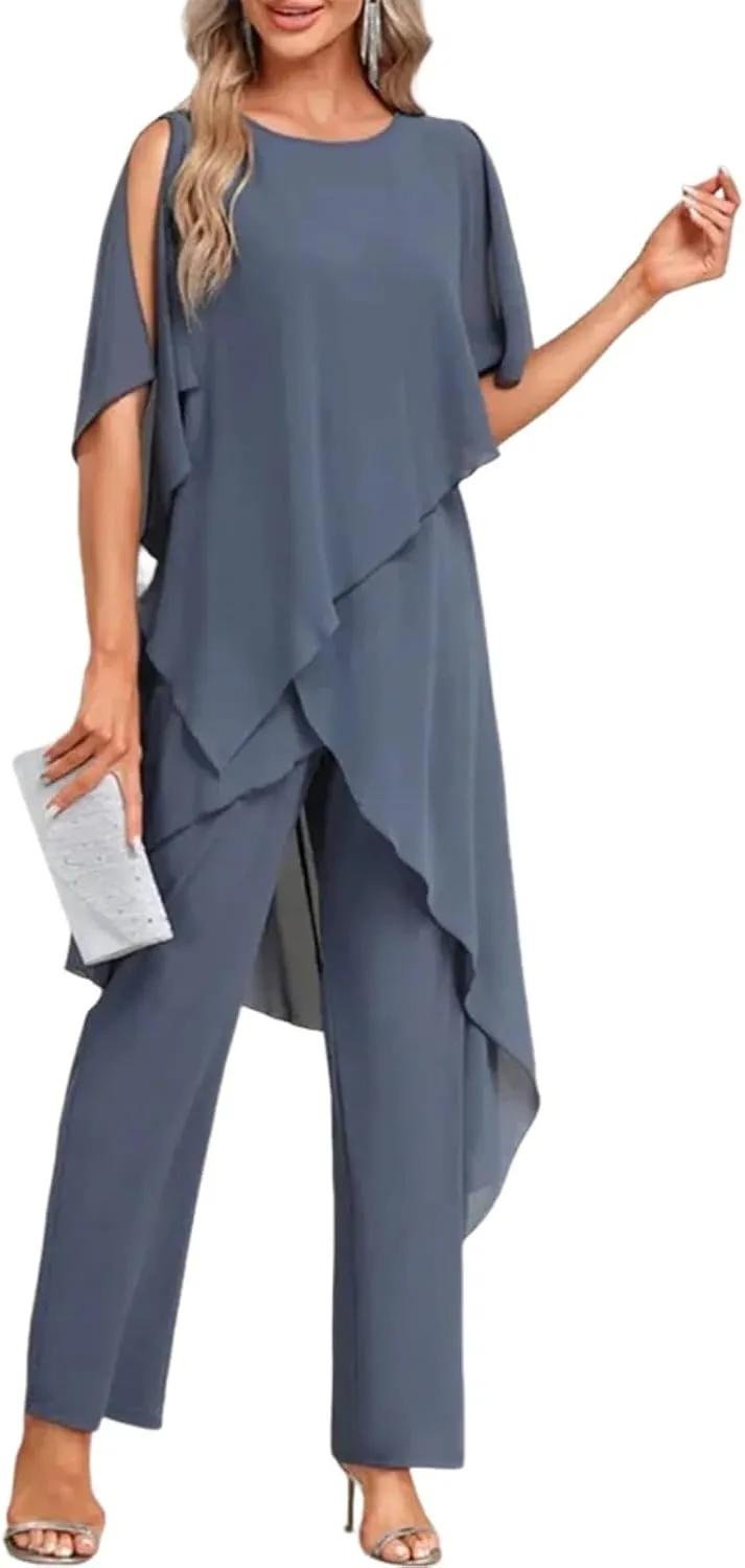 Women's 2025 Summer 2 Piece Set Casual Loose Blue Round Neck Top Wide Leg Pants Flowy Business Travel Outfits