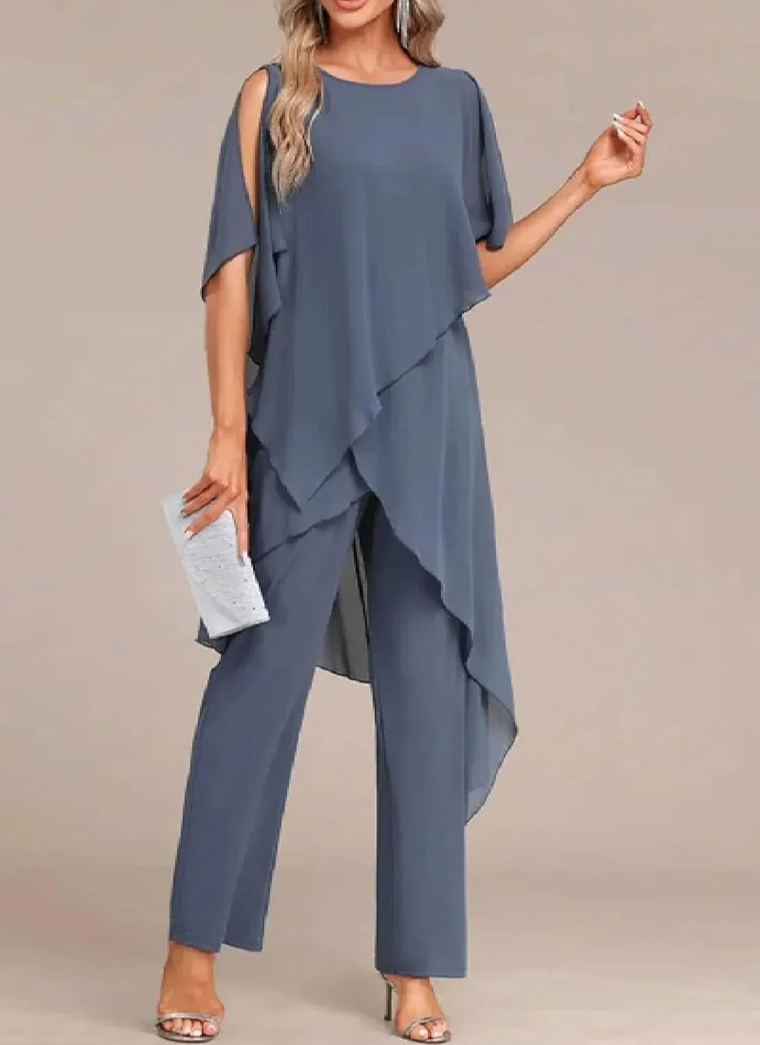 Women's 2025 Summer 2 Piece Set Casual Loose Blue Round Neck Top Wide Leg Pants Flowy Business Travel Outfits