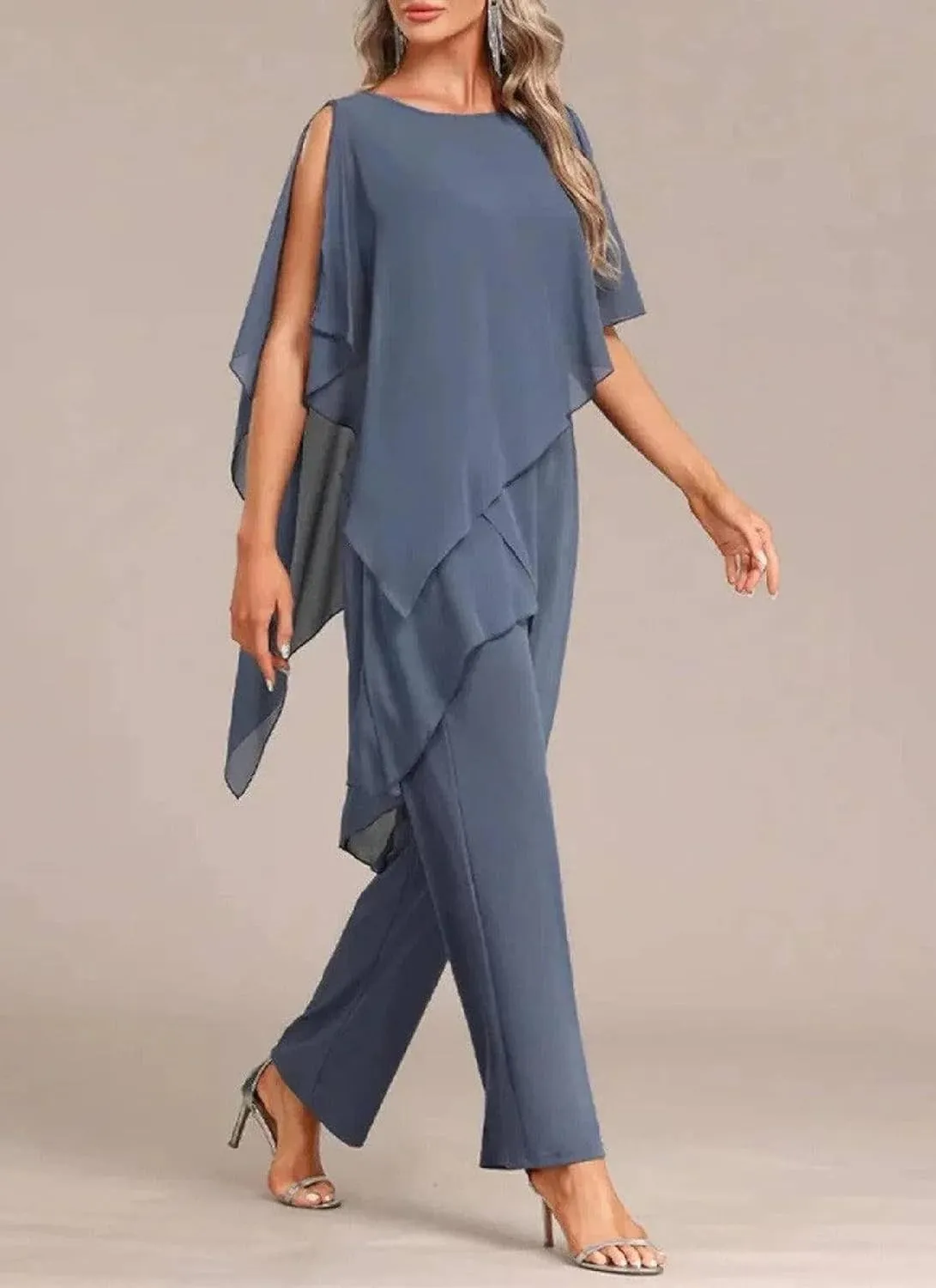 Women's 2025 Summer 2 Piece Set Casual Loose Blue Round Neck Top Wide Leg Pants Flowy Business Travel Outfits