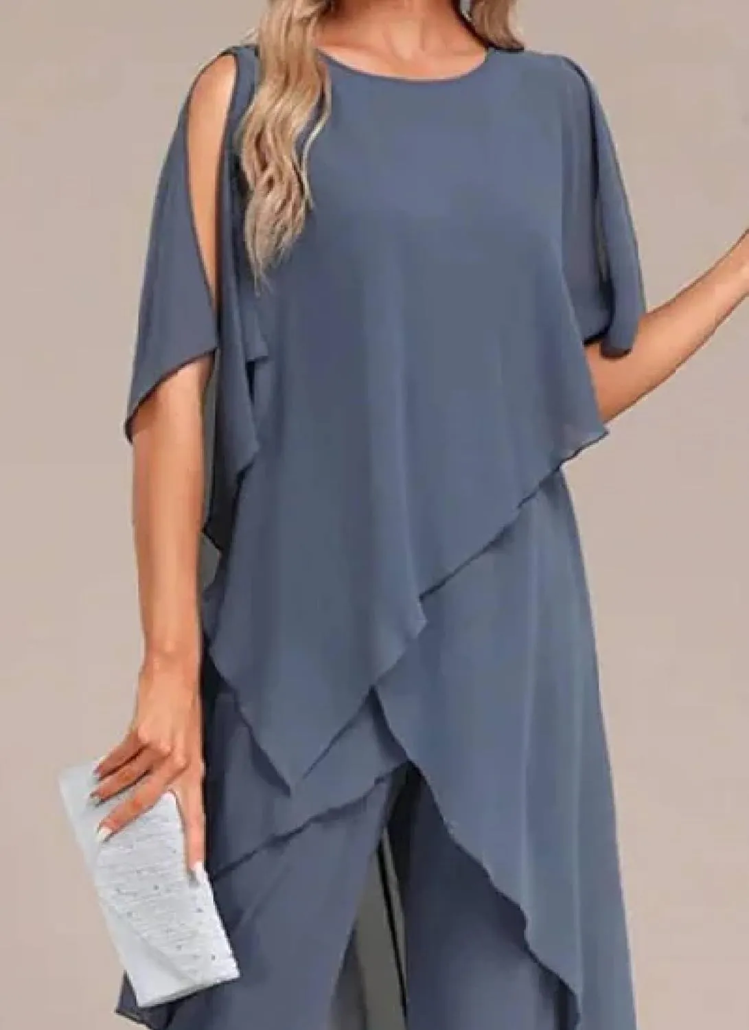 Women's 2025 Summer 2 Piece Set Casual Loose Blue Round Neck Top Wide Leg Pants Flowy Business Travel Outfits