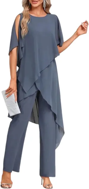 Women's 2025 Summer 2 Piece Set Casual Loose Blue Round Neck Top Wide Leg Pants Flowy Business Travel Outfits