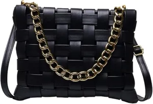 Women's Braided Shoulder Bag Weave Purse with Chain,Woven Crossbody Bag Satchel Clutch Purse with 2 Removable Strap