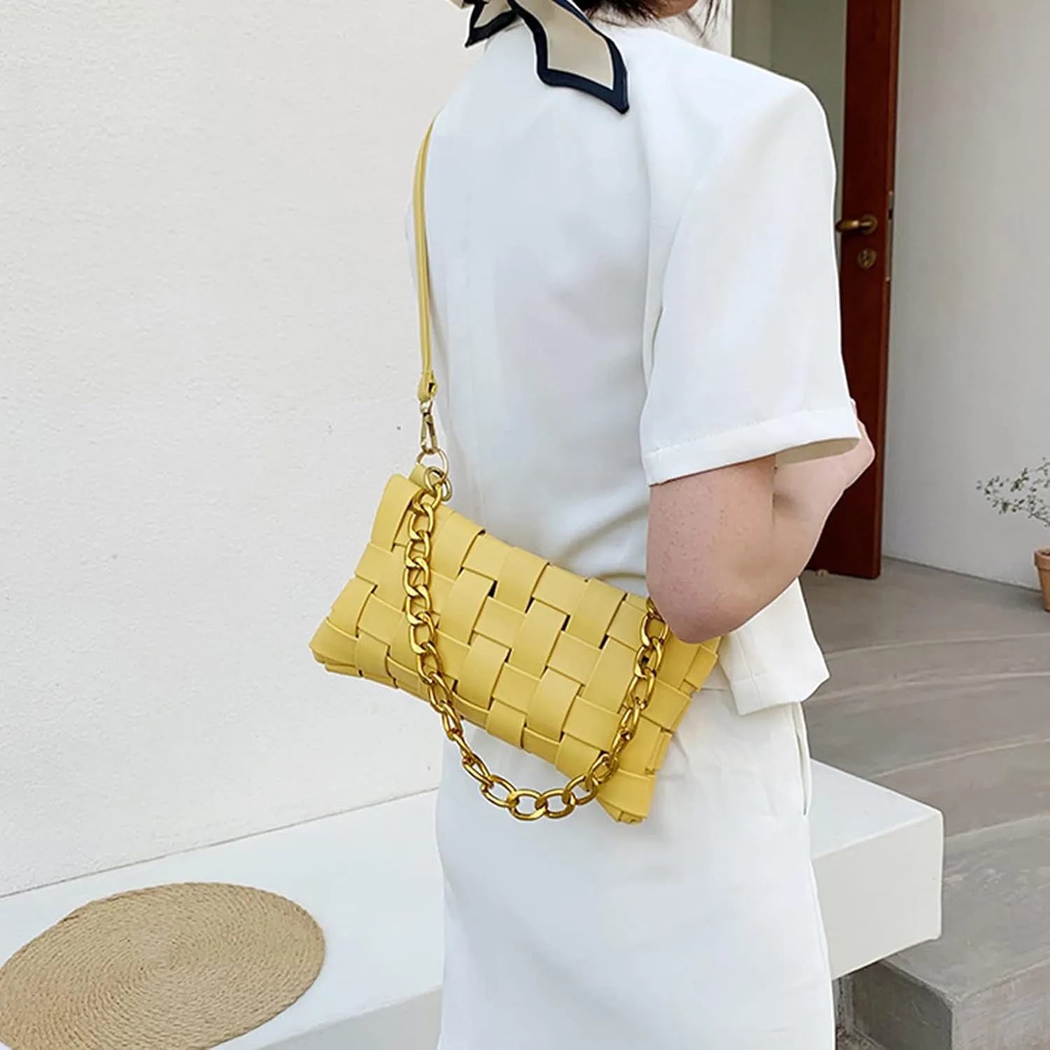 Women's Braided Shoulder Bag Weave Purse with Chain,Woven Crossbody Bag Satchel Clutch Purse with 2 Removable Strap