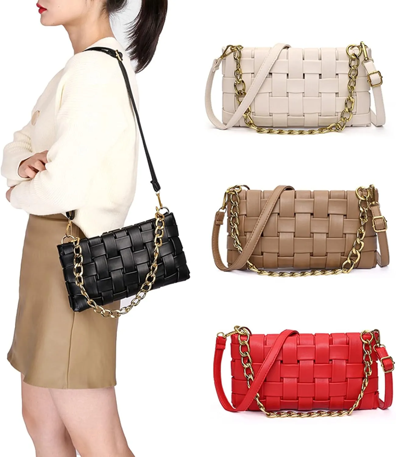 Women's Braided Shoulder Bag Weave Purse with Chain,Woven Crossbody Bag Satchel Clutch Purse with 2 Removable Strap