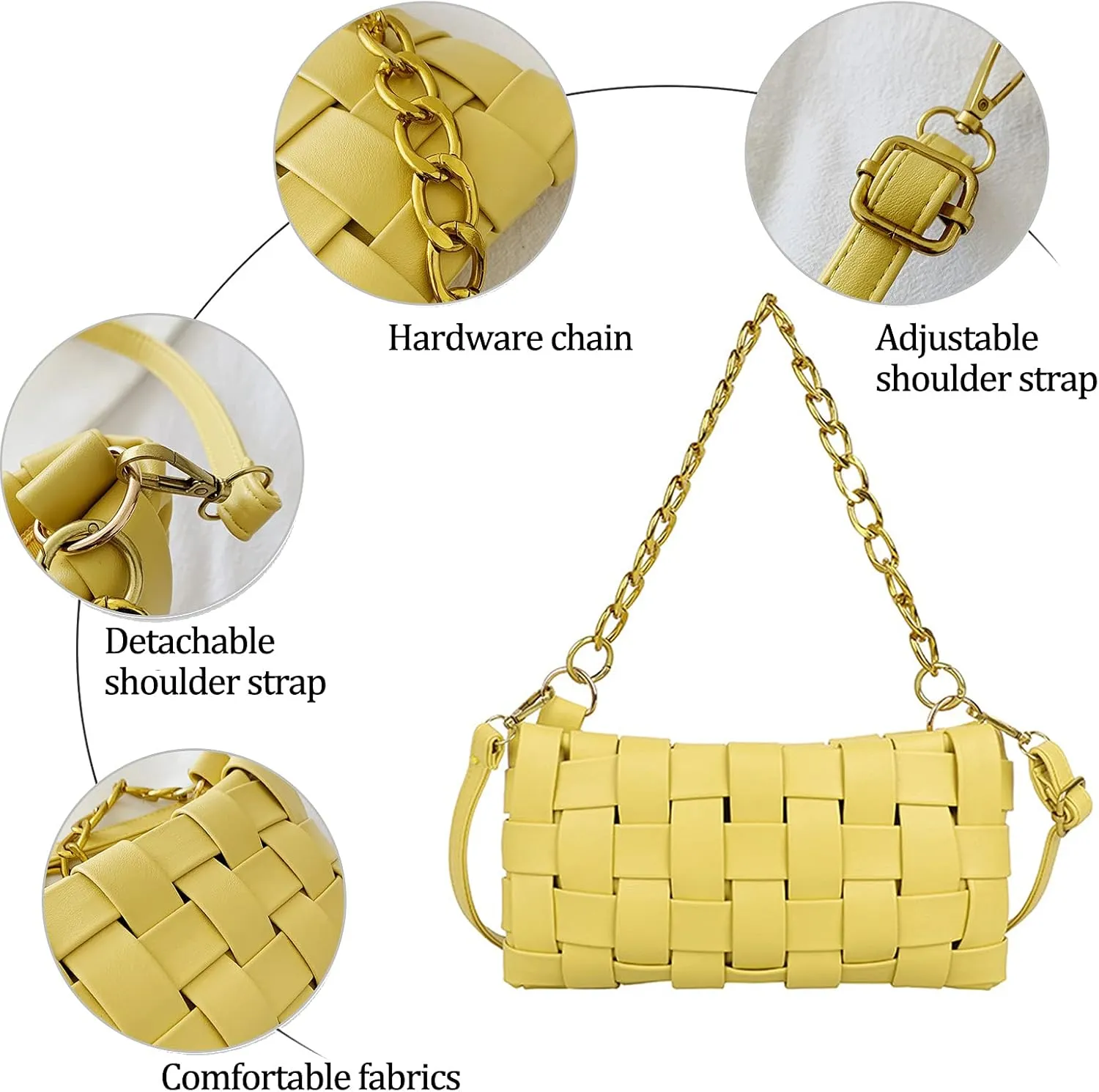 Women's Braided Shoulder Bag Weave Purse with Chain,Woven Crossbody Bag Satchel Clutch Purse with 2 Removable Strap