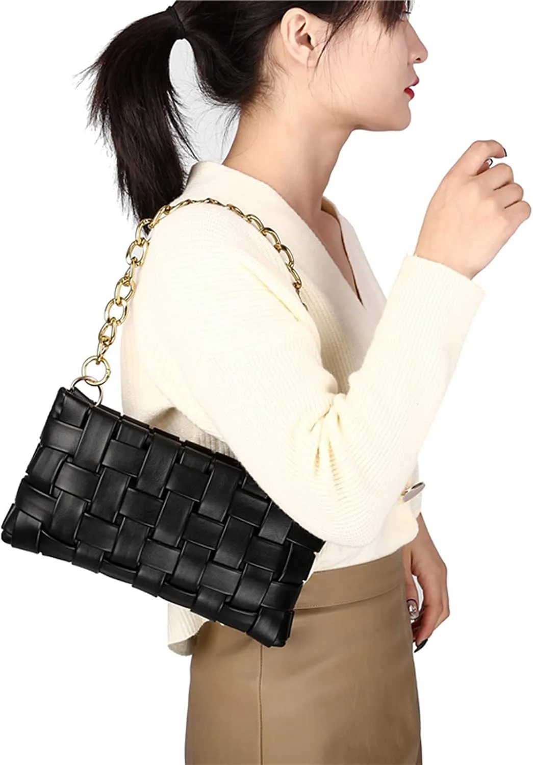 Women's Braided Shoulder Bag Weave Purse with Chain,Woven Crossbody Bag Satchel Clutch Purse with 2 Removable Strap