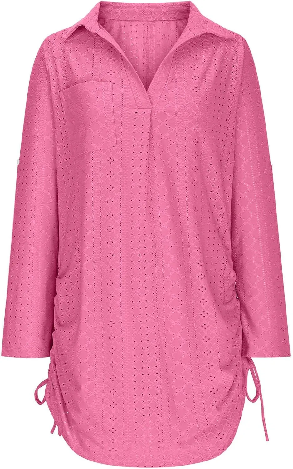 Women's Casual Mini Skirts Knit Hollow Out Long Sleeve Lapel Dress Side Stretch Bandage Short Dresses Outdoor Daily