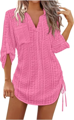 Women's Casual Mini Skirts Knit Hollow Out Long Sleeve Lapel Dress Side Stretch Bandage Short Dresses Outdoor Daily