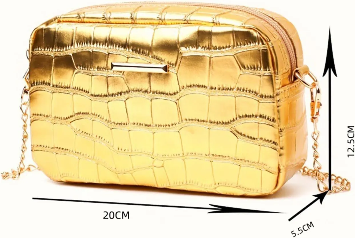 Women's Crocodile Texture Crossbody Bag Purse Glitter Clutch Glossy Party Handbag with Chain