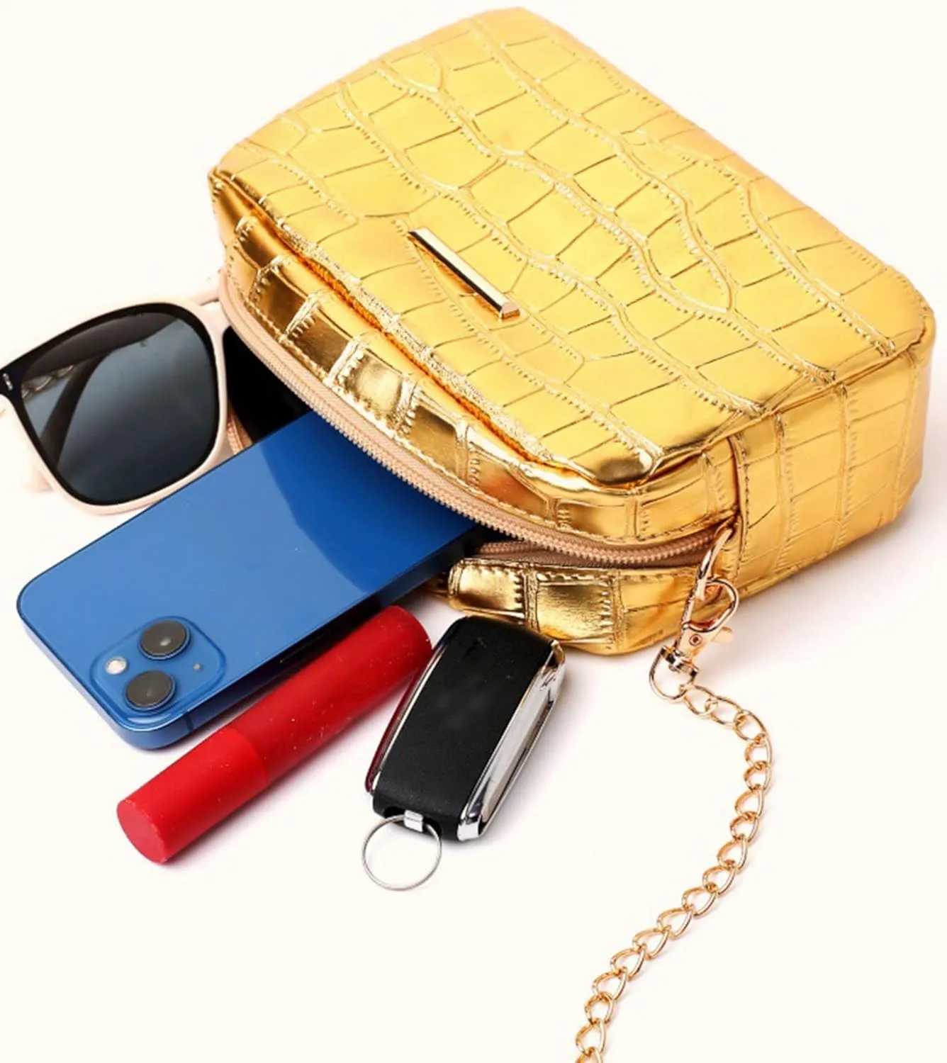 Women's Crocodile Texture Crossbody Bag Purse Glitter Clutch Glossy Party Handbag with Chain