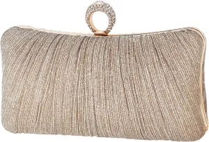 Womens Golden Glitter Clutch Purse Pleated Evening Bag for Bridal Wedding Party with Rhinestone Ring