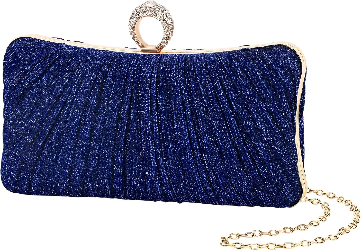 Womens Golden Glitter Clutch Purse Pleated Evening Bag for Bridal Wedding Party with Rhinestone Ring