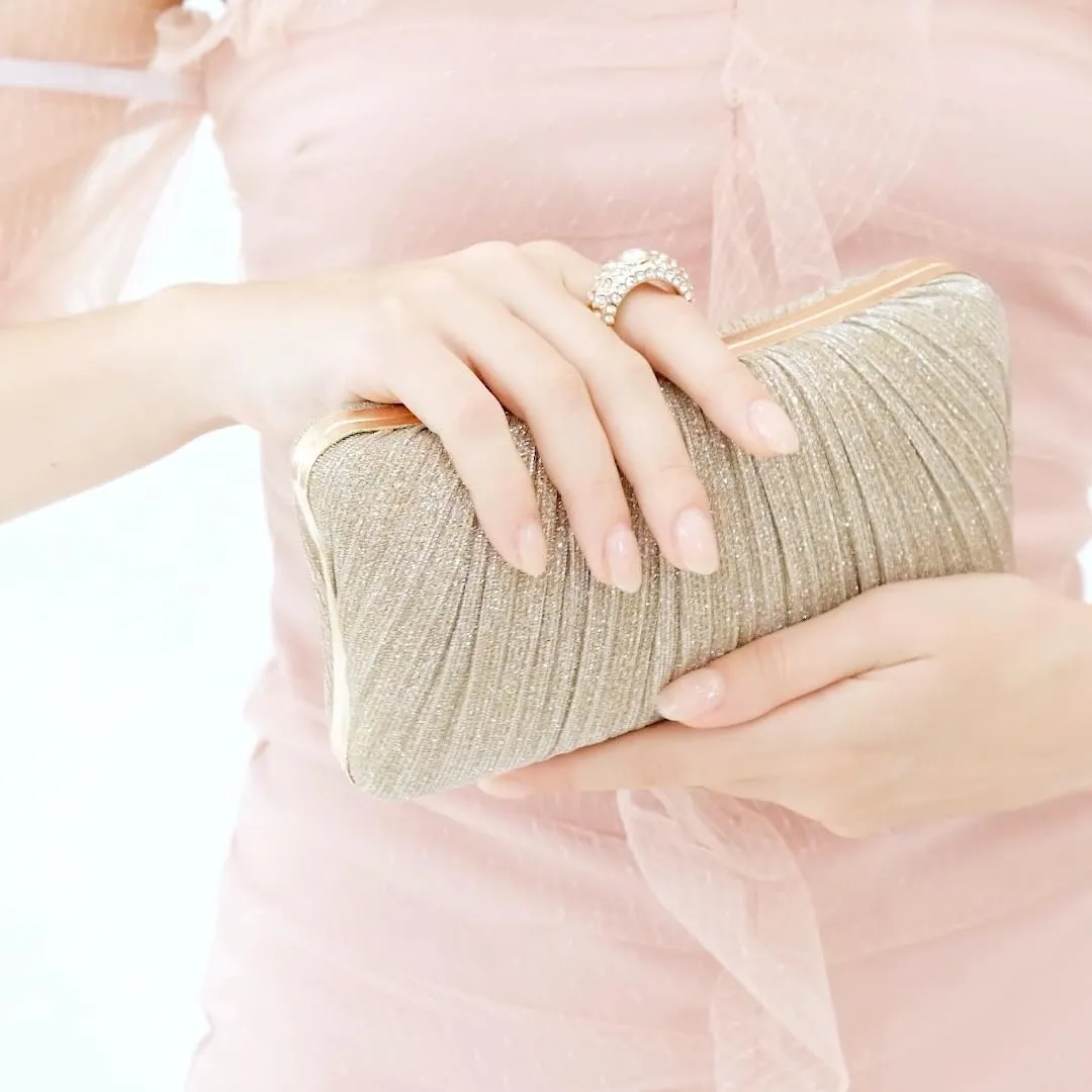 Womens Golden Glitter Clutch Purse Pleated Evening Bag for Bridal Wedding Party with Rhinestone Ring