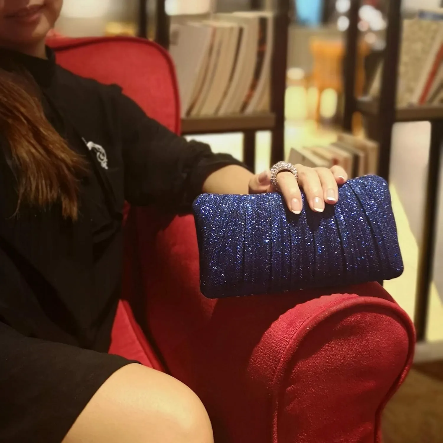 Womens Golden Glitter Clutch Purse Pleated Evening Bag for Bridal Wedding Party with Rhinestone Ring