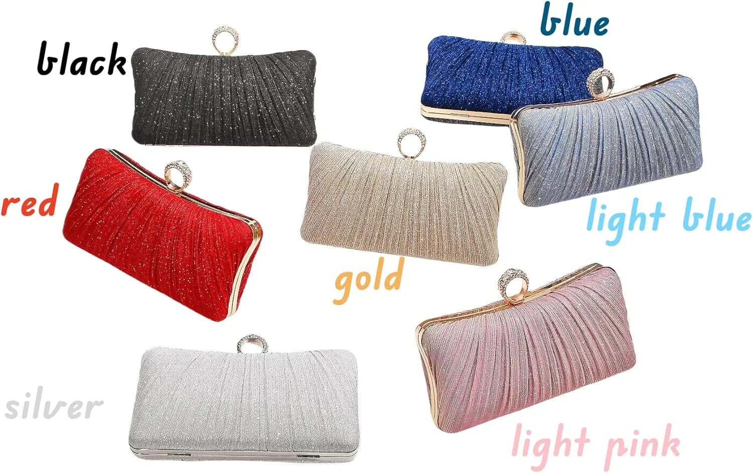 Womens Golden Glitter Clutch Purse Pleated Evening Bag for Bridal Wedding Party with Rhinestone Ring