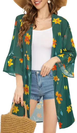 Women's Kimono Cardigans Floral Chiffon Loose Open Front Casual Summer Tops