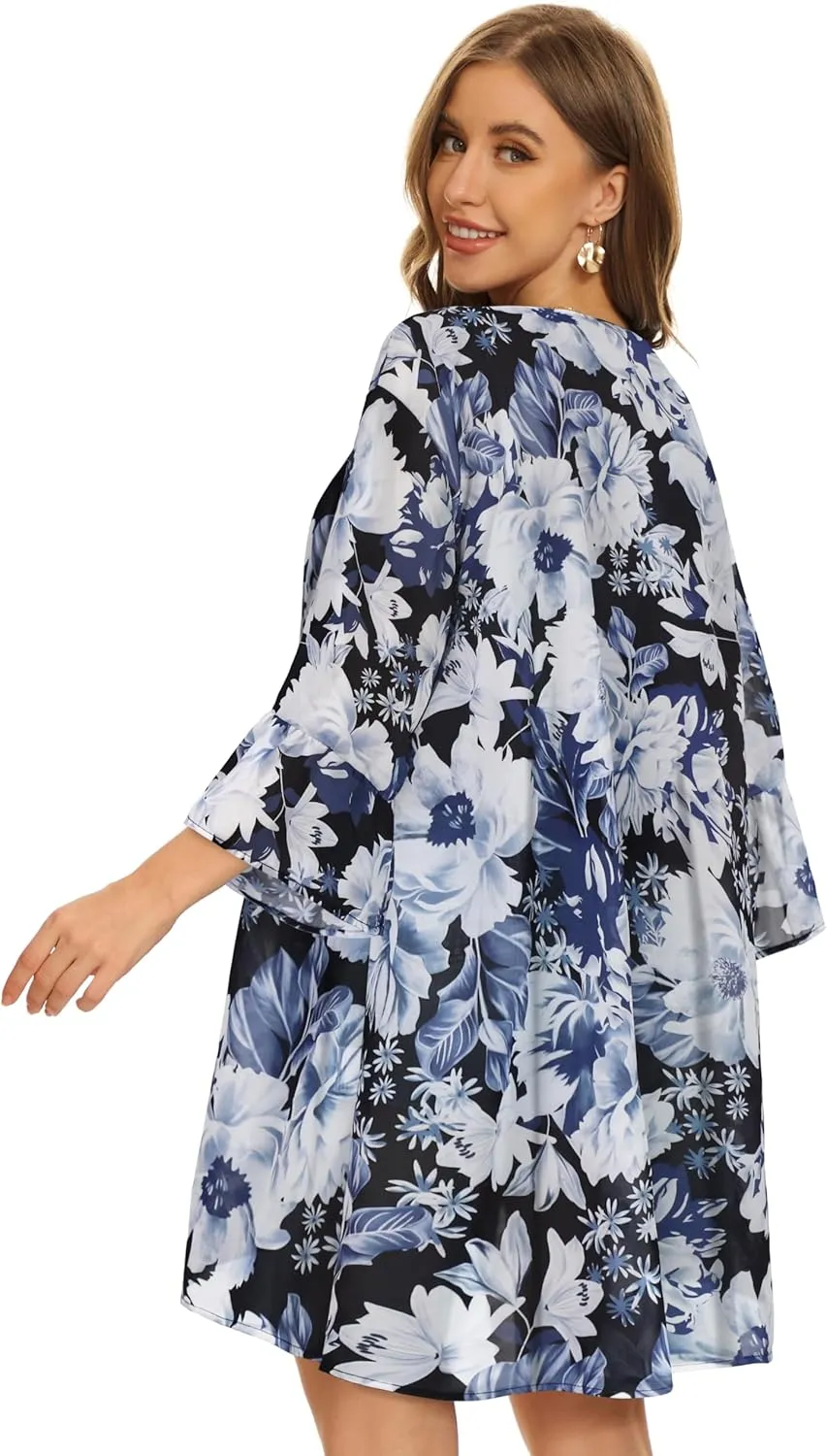 Women's Kimono Cardigans Floral Chiffon Loose Open Front Casual Summer Tops