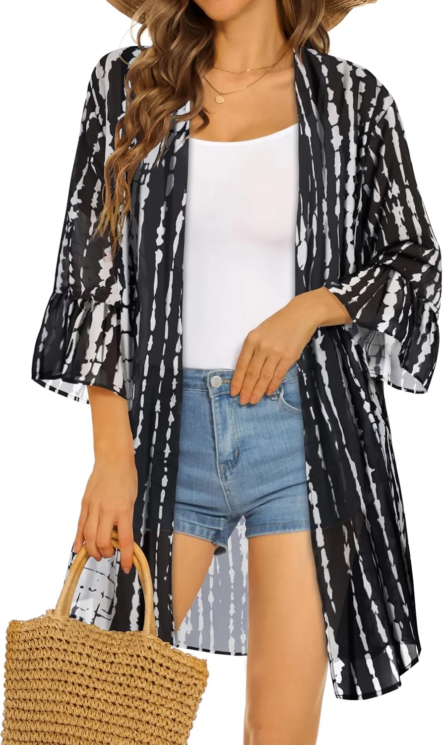 Women's Kimono Cardigans Floral Chiffon Loose Open Front Casual Summer Tops