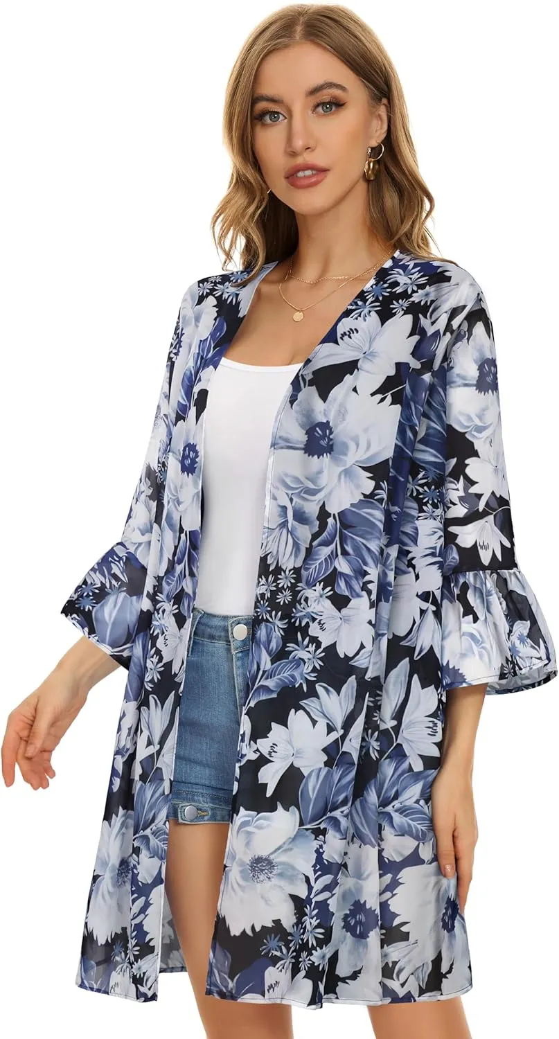 Women's Kimono Cardigans Floral Chiffon Loose Open Front Casual Summer Tops
