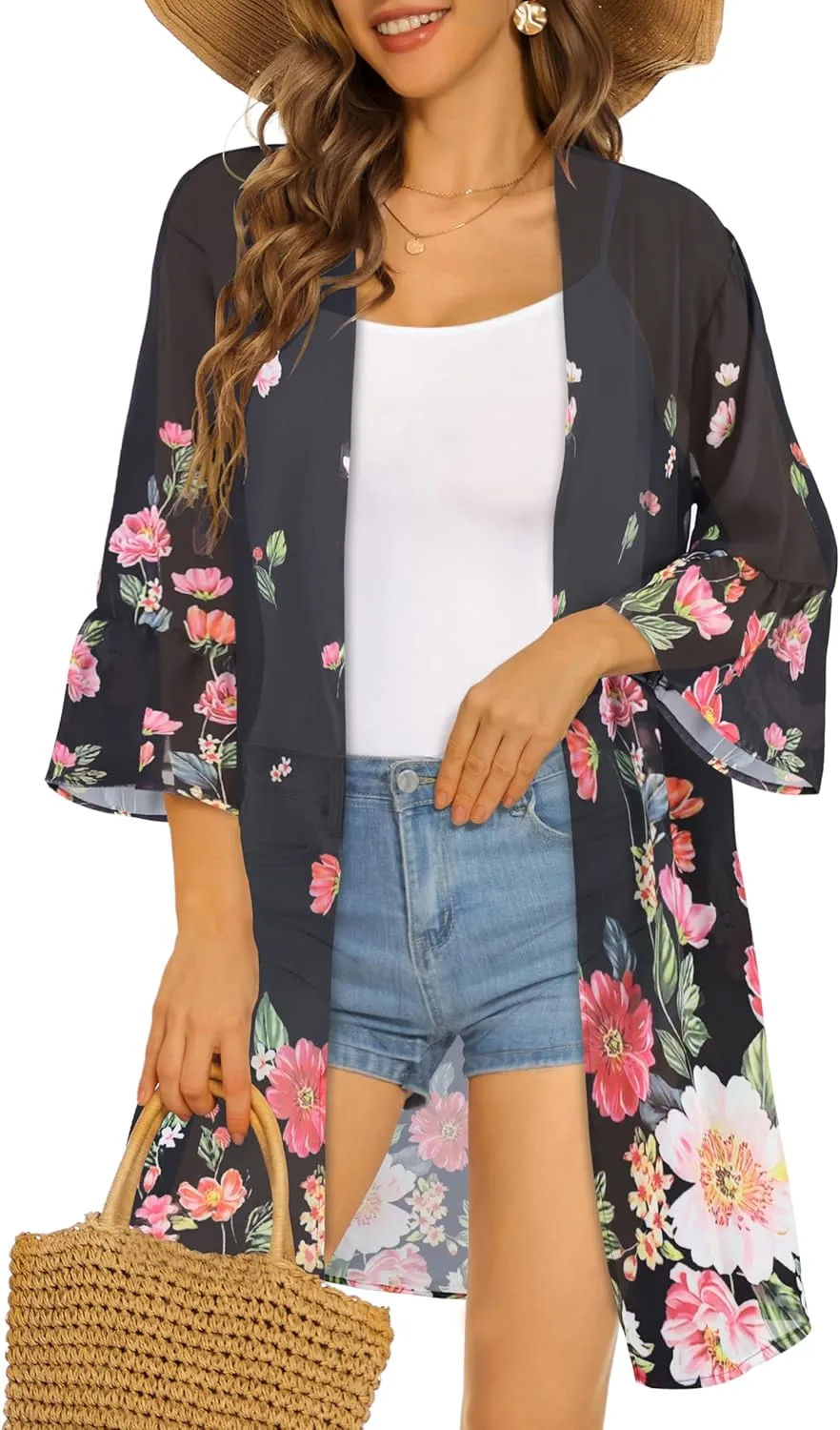 Women's Kimono Cardigans Floral Chiffon Loose Open Front Casual Summer Tops