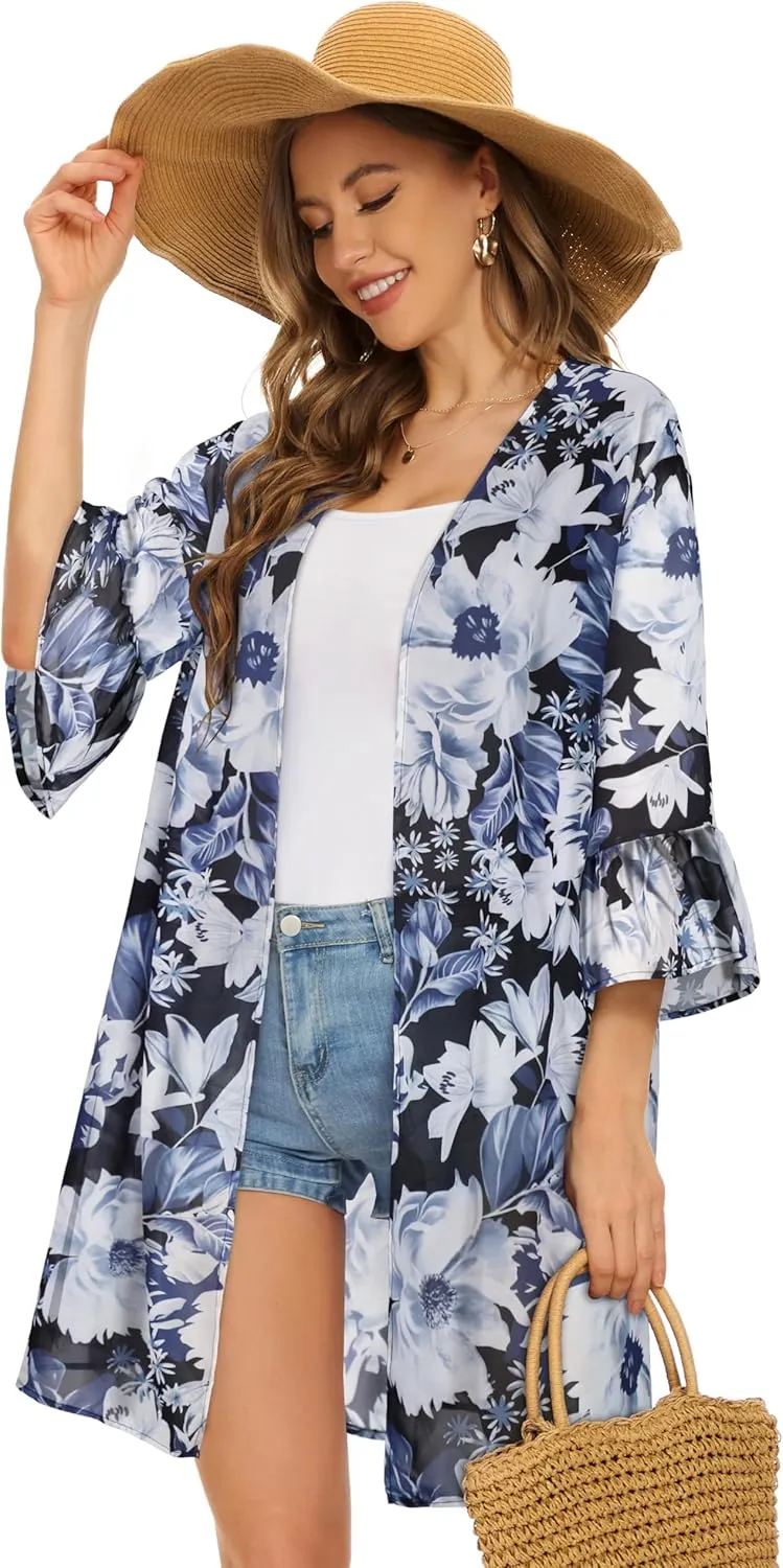 Women's Kimono Cardigans Floral Chiffon Loose Open Front Casual Summer Tops