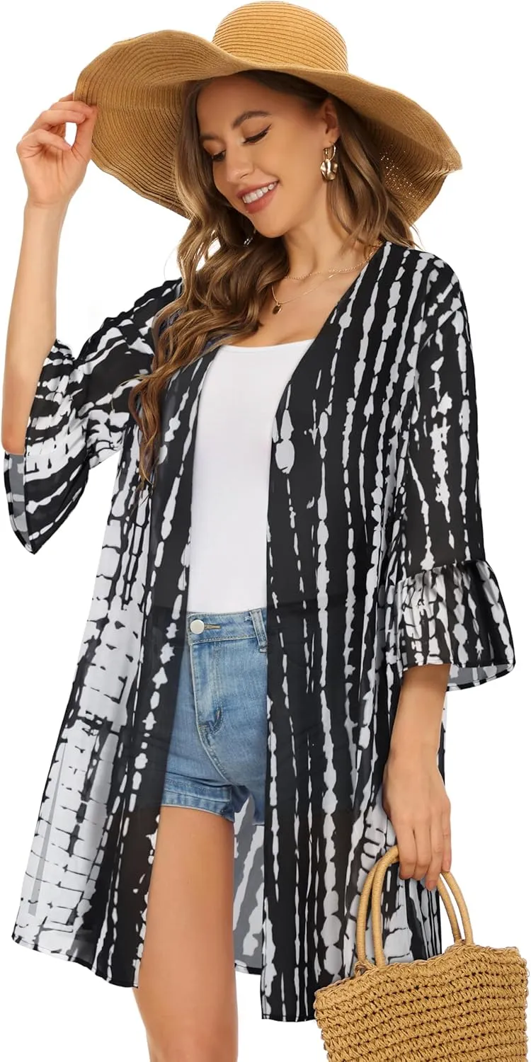 Women's Kimono Cardigans Floral Chiffon Loose Open Front Casual Summer Tops
