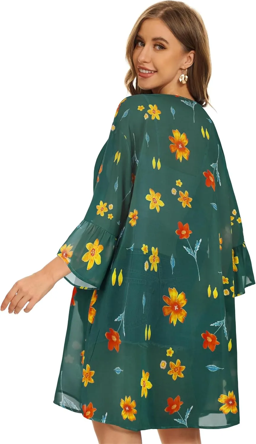 Women's Kimono Cardigans Floral Chiffon Loose Open Front Casual Summer Tops