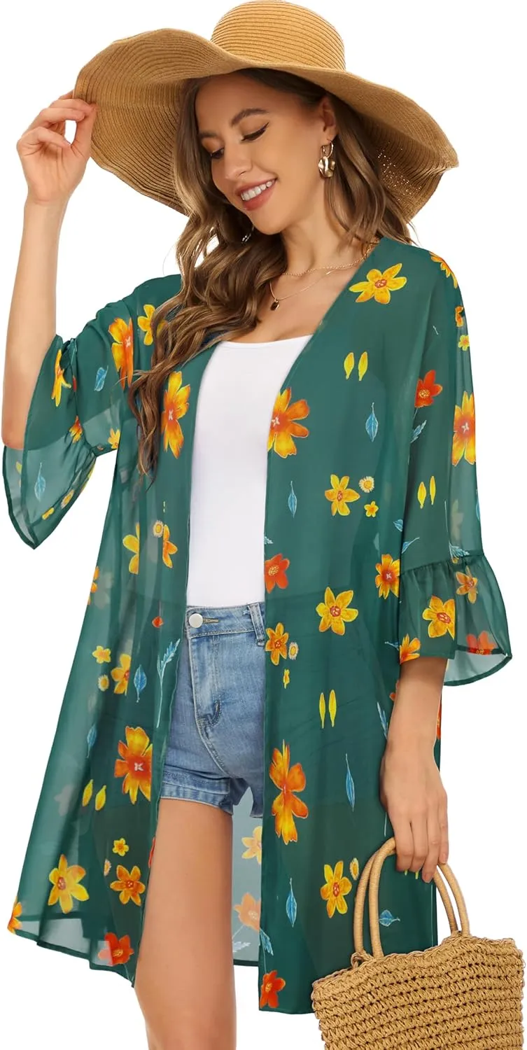 Women's Kimono Cardigans Floral Chiffon Loose Open Front Casual Summer Tops