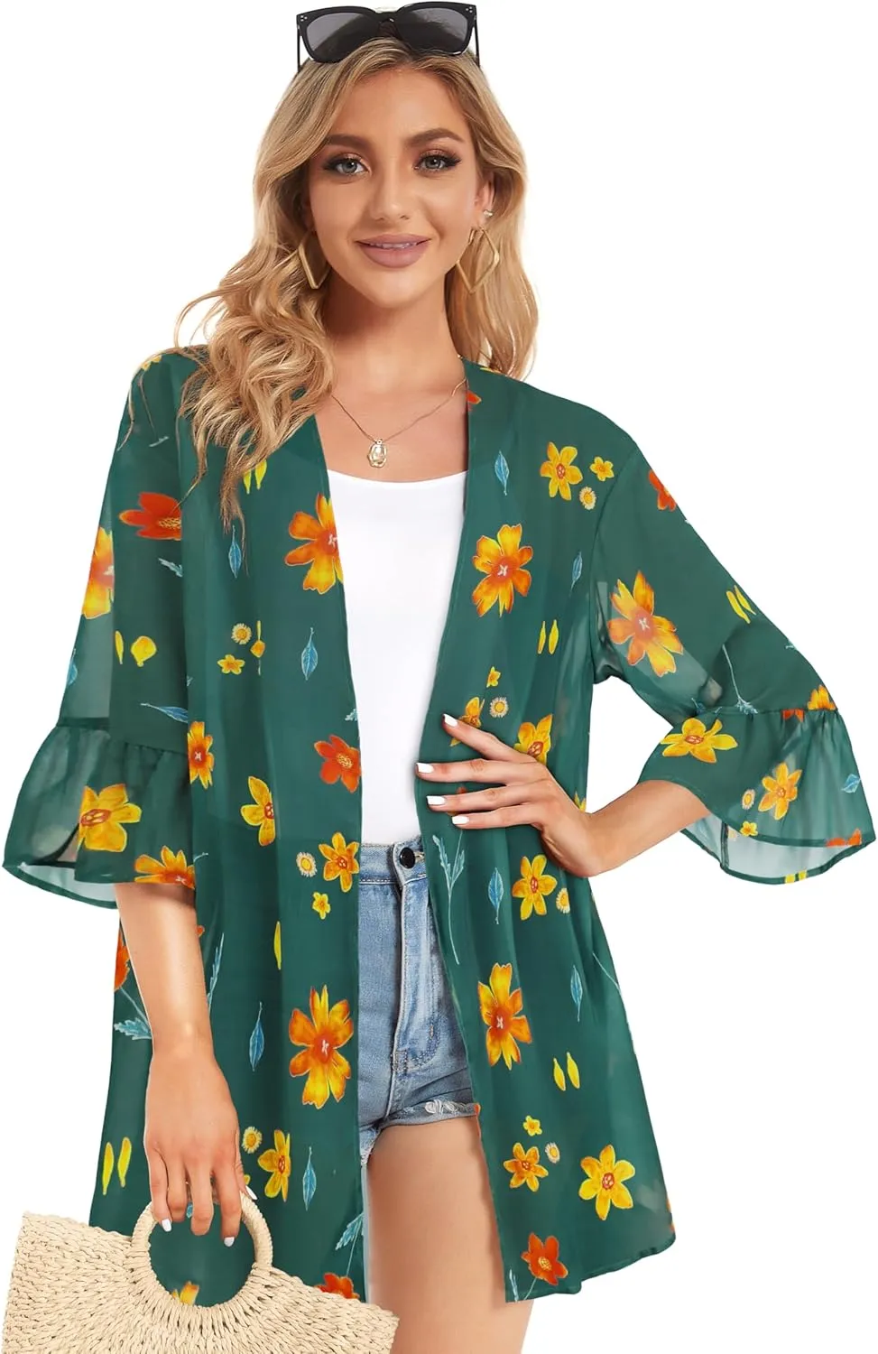 Women's Kimono Cardigans Floral Chiffon Loose Open Front Casual Summer Tops