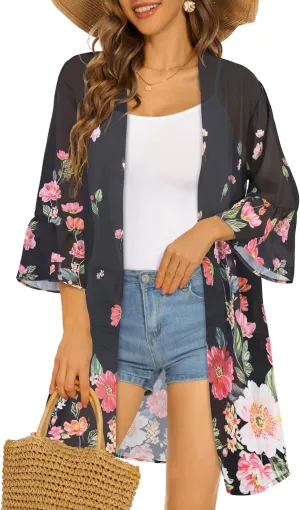 Women's Kimono Cardigans Floral Chiffon Loose Open Front Casual Summer Tops