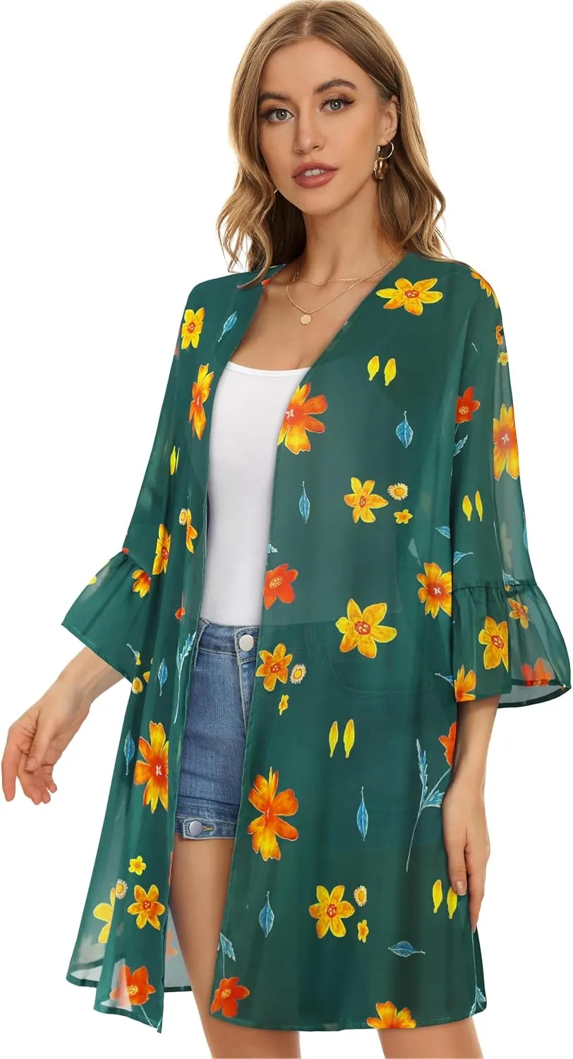 Women's Kimono Cardigans Floral Chiffon Loose Open Front Casual Summer Tops