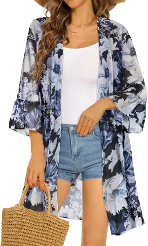Women's Kimono Cardigans Floral Chiffon Loose Open Front Casual Summer Tops