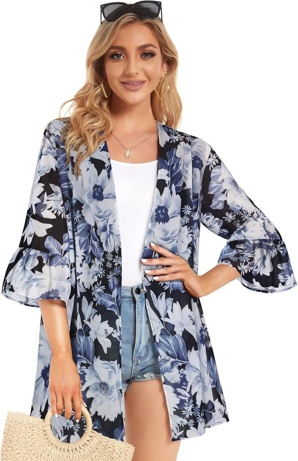Women's Kimono Cardigans Floral Chiffon Loose Open Front Casual Summer Tops