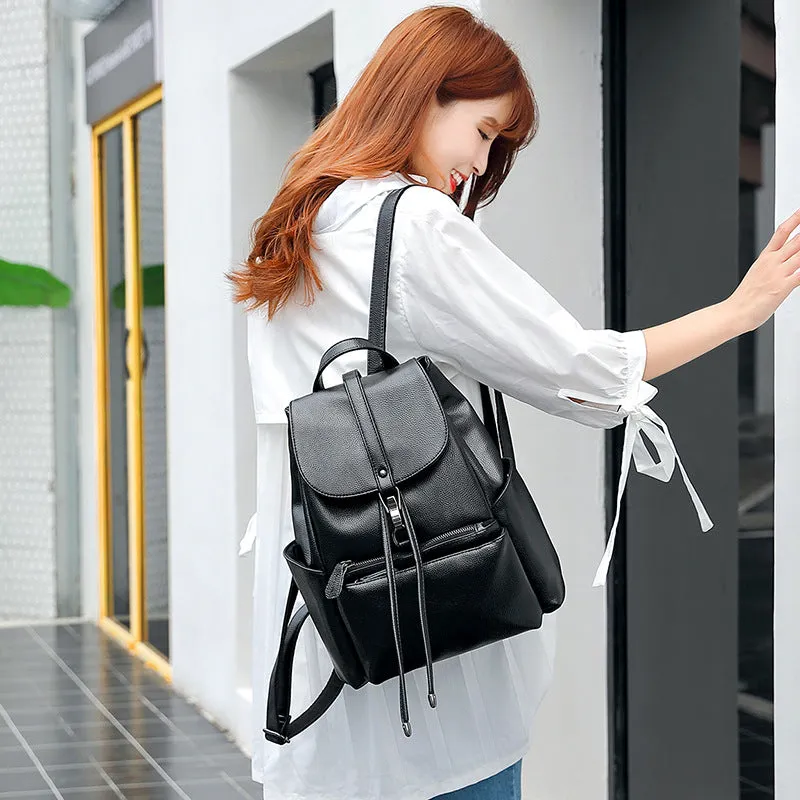 Women's Leather Korean Fashionable Simple Versatile Cowhide Backpacks