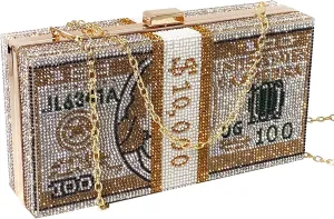 Women's Money Clutch Purse Rhinestone Bling Glitter Evening Handbag Dollar Crossbody Shoulder Bag