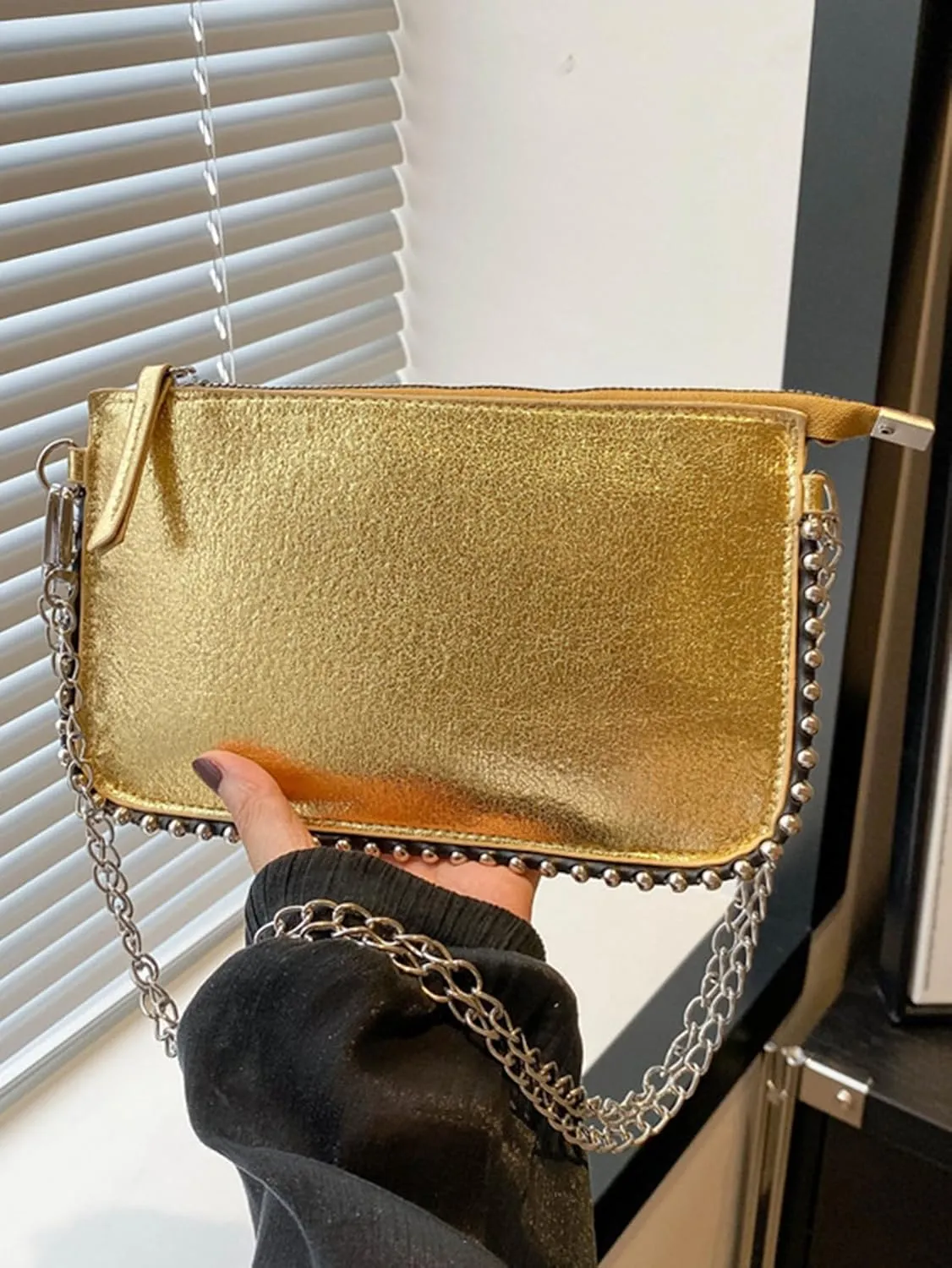 Women's Rainbow Underarm Clutch Purse Y2K Beaded Shoulder Handbags Crossbody Bags With Chain