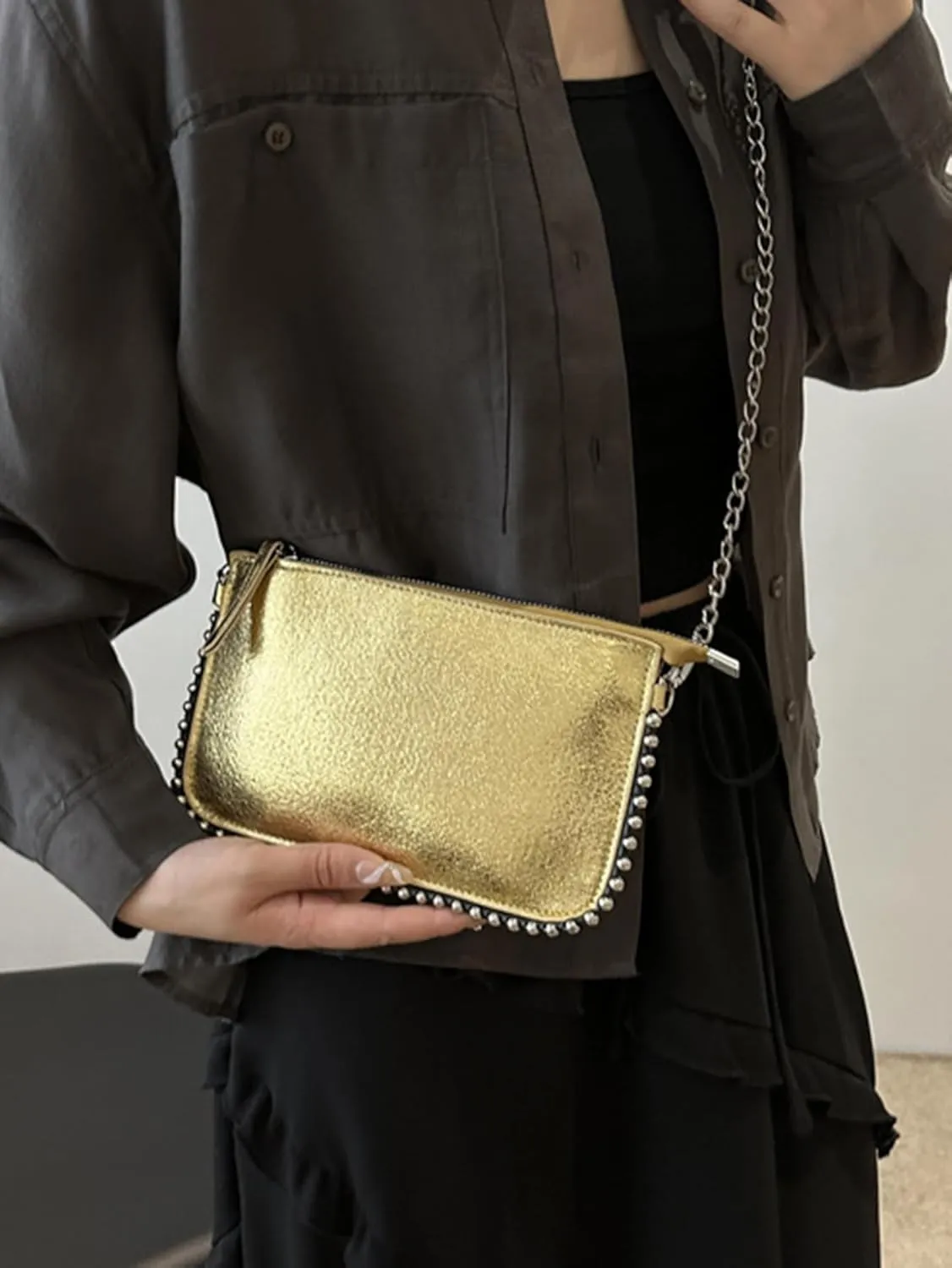 Women's Rainbow Underarm Clutch Purse Y2K Beaded Shoulder Handbags Crossbody Bags With Chain