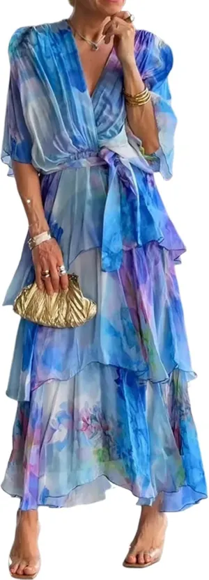 Women's Stunning Chiffon Dress Flowy Watercolor Print Layered Maxi Dress Ruffled Tiered Beach Party Outfits