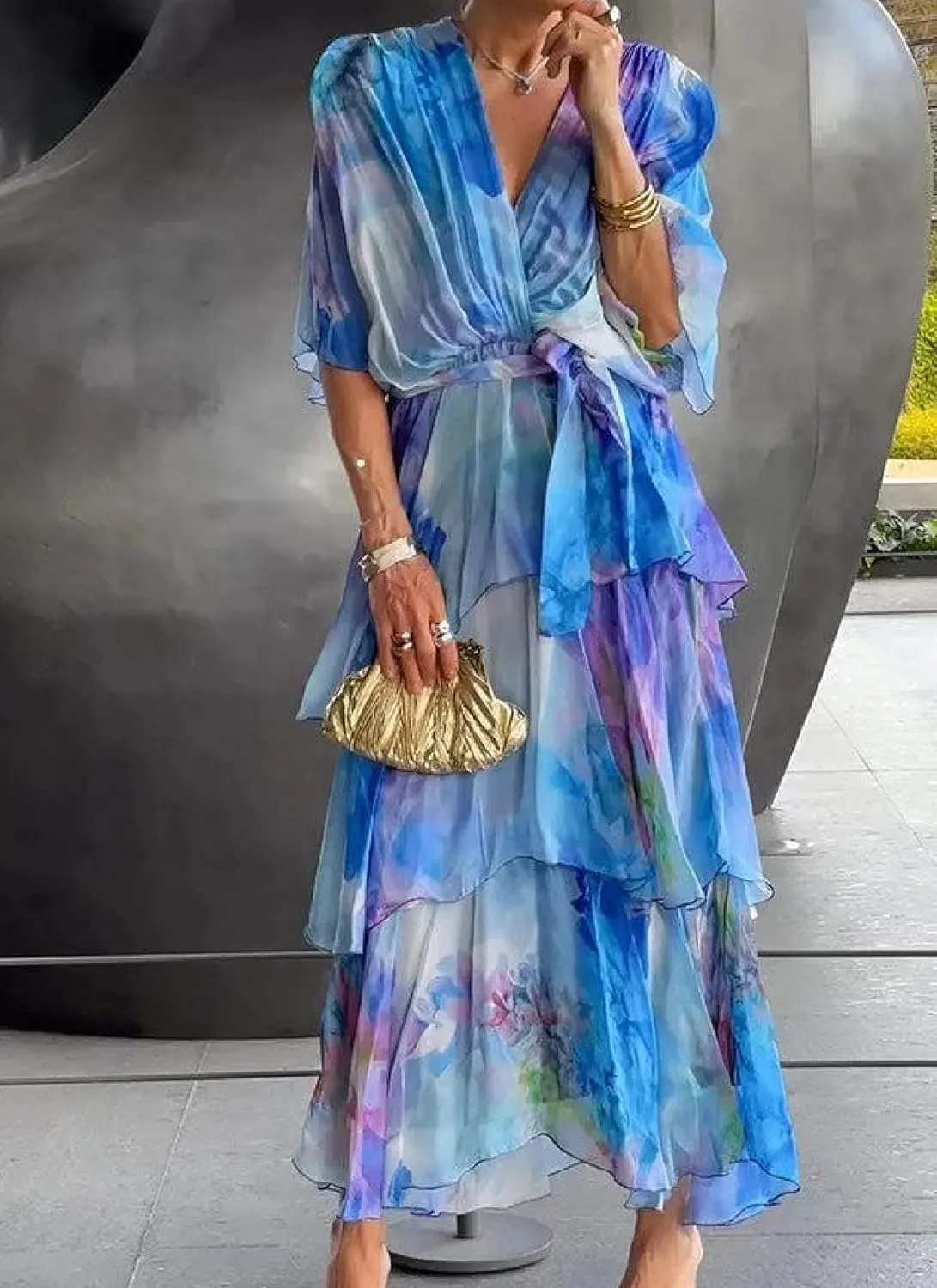 Women's Stunning Chiffon Dress Flowy Watercolor Print Layered Maxi Dress Ruffled Tiered Beach Party Outfits
