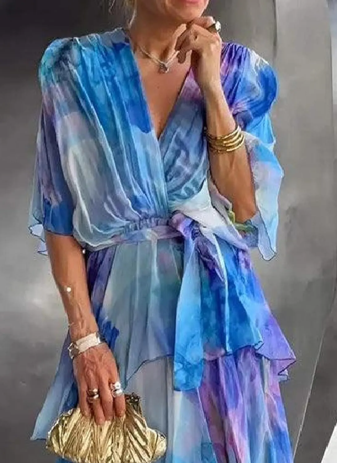Women's Stunning Chiffon Dress Flowy Watercolor Print Layered Maxi Dress Ruffled Tiered Beach Party Outfits