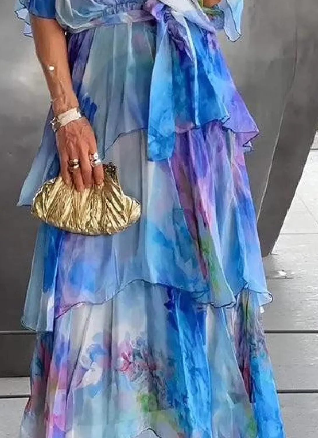 Women's Stunning Chiffon Dress Flowy Watercolor Print Layered Maxi Dress Ruffled Tiered Beach Party Outfits