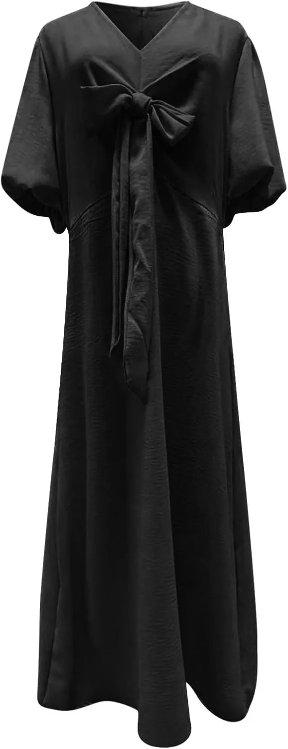Womens Summer Dresses 2025 Fashion Short Sleeve Button V Neck Dress Pleated Loose Tiered Swing Flowy Maxi Dresses